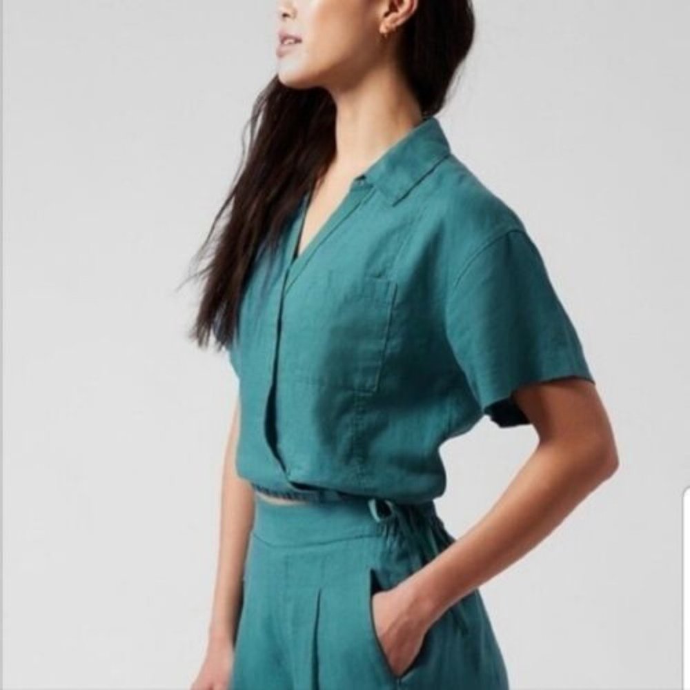 NWT Athleta Borealis Green Lightweight Playa Linen Tie Top Shirt - Picture 2 of 14